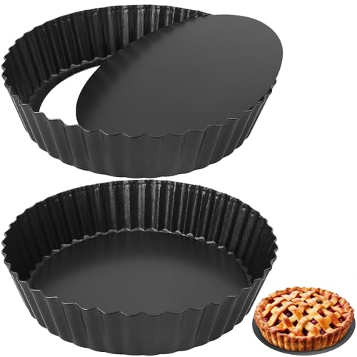 Abaigeal 2 Pcs Pie Dish with Nonstick Coating, 9 Inch Cake Tin with Removable Bottom Round Carbon Steel Tart Tins,24 cm Fluted Round Tart Quiche Pie Pans, Carbon Steel Baking Pan Dish