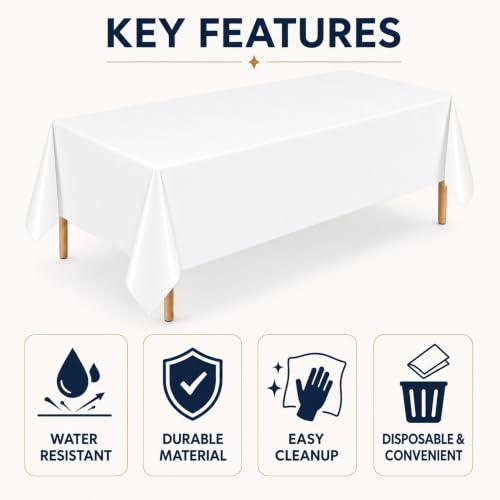 Image of 6 Pack White Plastic Tablecloths, 54 x 108 Inch Disposable Covers | Ideal for Weddings, Bridal Showers, Birthdays and Graduations, Helping Protect Tabletops and Simplify Event Cleanup