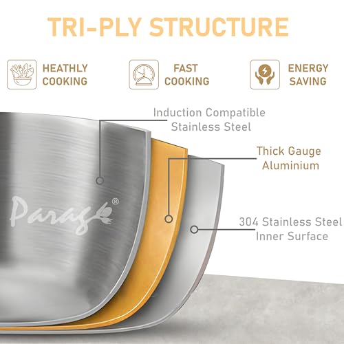 Image of Parage Tripure Tri-Ply Stainless Steel Sauce Pan 16 cm, 1.75 LTR | ISI Mark Certified | Heavy Bottom Steel Pan for Tempering & Cooking | Stay Cool Handle | Induction & Gas Friendly | 5 Years Warranty