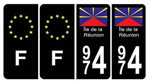 HADEXIA Lot de 4 Autocollants Plaque d'immatriculation 974 Ile Réunion BIS Noir C & F