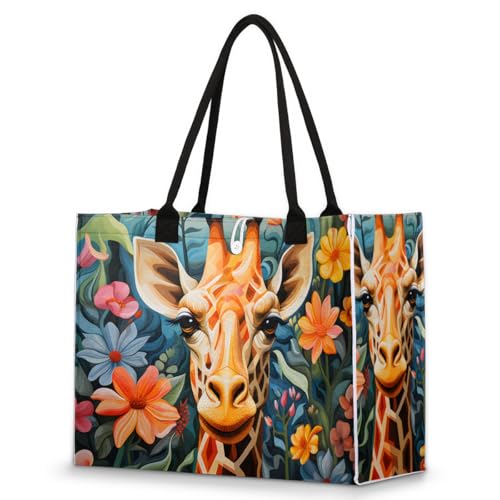 Giraffe Yellow Flower Tote Bag for Women Large Beach Bag Reusable Tote Bags for Work Travel Beach Shopping