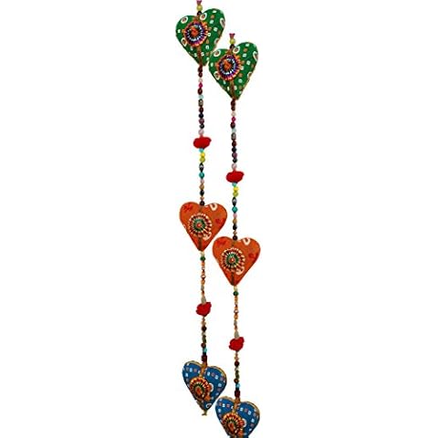 Rastogi Handicrtafts Door Hanging Decorative Cotton heart in Vibrant Color Stringed with Beads and Bell Traditional Indian Hanging Decoration 2 layer Cover