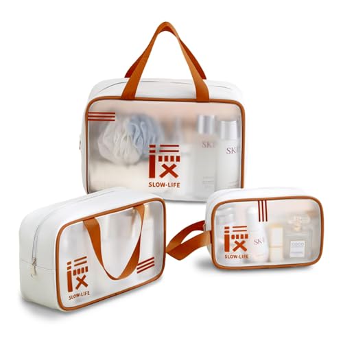 Image of KUKLAR 3 Piece Clear Toiletry Bag Set TSA Approved Cosmetic Makeup Bags with Handles Waterproof Travel Organizer Pouches for Carry-on Bag for Women & Men (Brown)