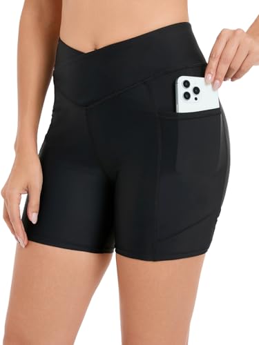 Womens Tummy Control Swim Shorts Cross Waist Bathing Suit Bottoms Pocket Swimming Shorts with Liner Swimsuit3