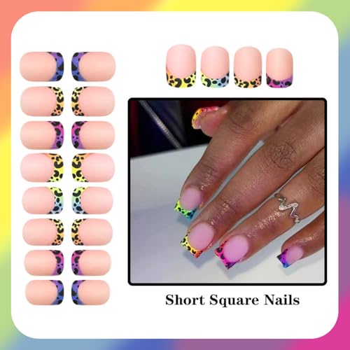 Image of Leopard Print French Tip Press on Nails Colorful Ombre Fake Nails Short Square Nail Press ons with Design Matte Full Cover Stick on Nail for Women Manicure 24Pcs