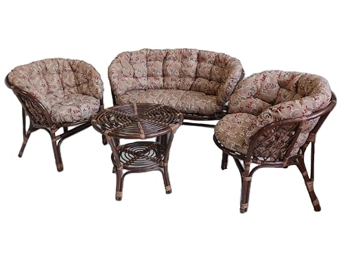 fantasie d oriente Salotto Vimini Rattan Noce composto da 2 Poltrone 1 Divano e 1 Tavolo Completo di Cuscini Colorati Ideale per interno ed esterno. spedito su bancale