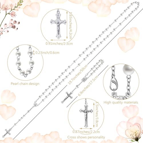 Funtery 6 Pcs Girls First Communion Veils Set White 1st Communion Flower Wreath Veil Headpiece Sock Necklace Bracelet Kid Wedding(Classical Style)4
