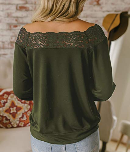 NStart Womens Sexy Lace Detail Boatneck Pullover Blouse Long Sleeve Tops ((US 12-14) L, Green)