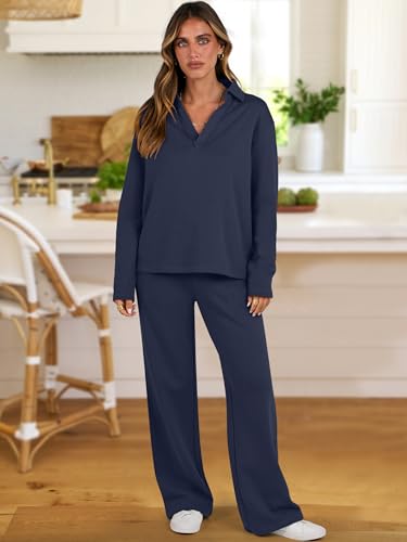 ANRABESS Lounge Sets for Women 2 Piece Outfits Sweatsuit Set Fall V Neck Sweatshirts Wide Leg Pants Tracksuits2