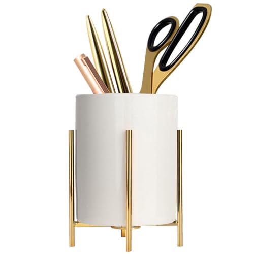 Gold pencil cup Sturdy metal frame with white ceramic pen holder For desks and kitchen appliance holders(1set 4.6-3.14in), Goldsquare frame set