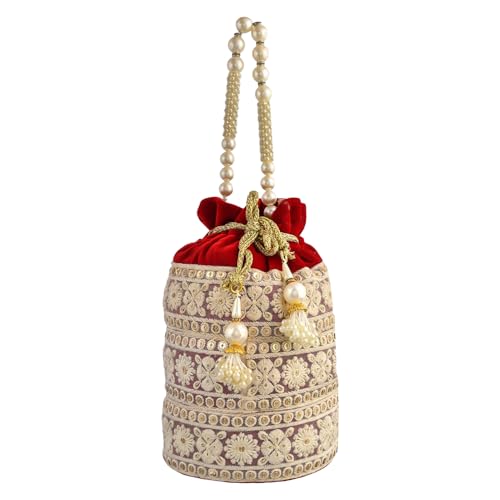 Image of Kuber Industries Potli | Velvet Wedding Potli | Beads Handle Potli | Wallet Potli | Christmas Gift Potli | Baby Shower Potli | Lucknowi Potli | Embroidery Potli | Red