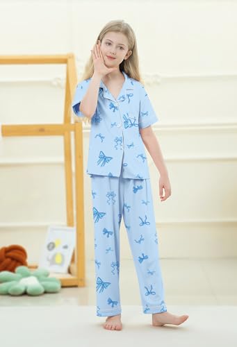 Umeyda Girls Pajamas Set Button Down Notch Collar Soft Short Sleeve Pjs Set with Long Pant Set Lounge Set4