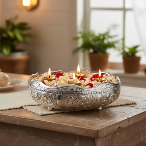 Image of Decorative Embossed 12inch German Silver Urli Bowl | Aluminium Urli Pot for Floating Flowers and Tea Light Candles Home Office Diwali Decoration Items | 1.5 L Capacity