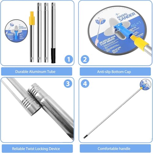 Pole Sander for Drywall, 9In Dry Wall Sander with Extension Pole 360 Degree Rotation Hand Radial Sanders Complete with 5pcs Sanding Sheets (80, 100, 120, 180, 240 Grit) (Blue) - Image 4