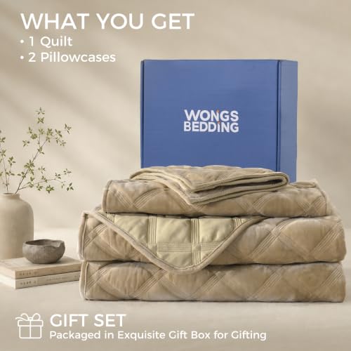WONGS BEDDING Velvet Comforter King, Lattice Diamond Quilt Set, Urban Taupe - image 6