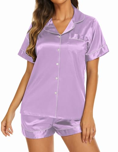 Image of Ekouaer Silk Pajamas for Women Short Sleeve Sleepwear Soft Button Down Loungewear 2 Piece Satin Pjs Shorts Set