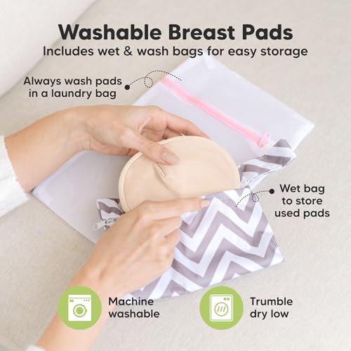 Image of Organic Nursing Pads - 14 Washable Breast Pads for Breastfeeding, Wash Bag, Viscose Derived from Bamboo Reusable Nipple Covers for Breastfeeding Essentials, Soft & Absorbent (Bare Beige, L 5 inch)