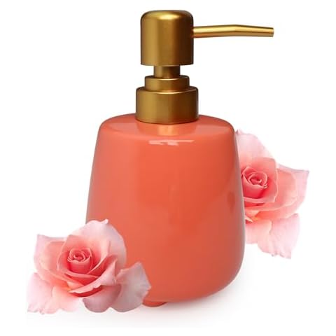 320ml Ceramic Round Foot Lotion Bottle, Ceramic Hand Sanitizer Dispenser Bottle, Bathroom Soap Dispenser Bottle with Gold Pump, Kitchen Soap Dispenser Suitable for Home Hotel Travel (Orange) Cover