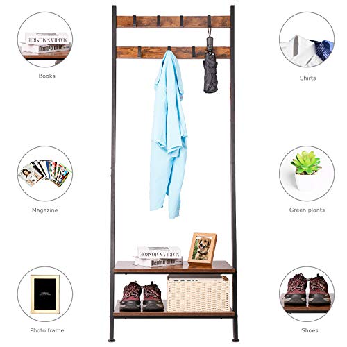 Wall-Leaning Ladder Shelves Coat Rack Hall Tree Entryway Shelf Shoe Rack Home Office Decor Wood Look Furniture with Metal Frame