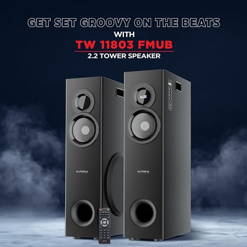 Image of Intex 1000-D Multimedia 100 Watt Bluetooth Tower Speaker | 2 Cordless Karaoke Mic & Party Speaker | LED Display & Triple Bass Boosted Drivers | Fully Remote Control (Black)