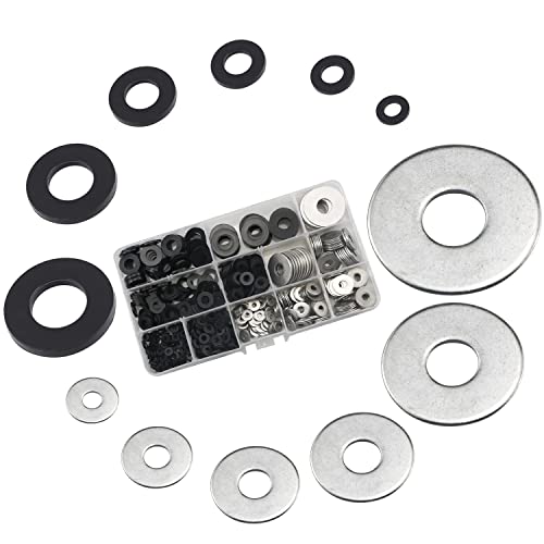 Lot de 600 rondelles plates en acier inoxydable et nylon pour vis, boulons, rondelles de robinet pour douche, plomberie, comme caoutchouc, rondelles en plastique (M3/4/5/6/8/10) (noir/argent) Cover