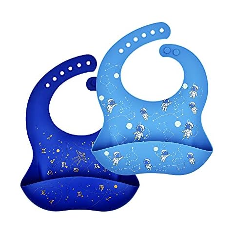 GAJIGAJI Waterproof Silicone Baby Bibs Set of 2, Easy Clean Quick Drying Soft and Comfortable Feeding Bucket Bib, Keep Stain off (Astronaut&Gold Stamp) Cover