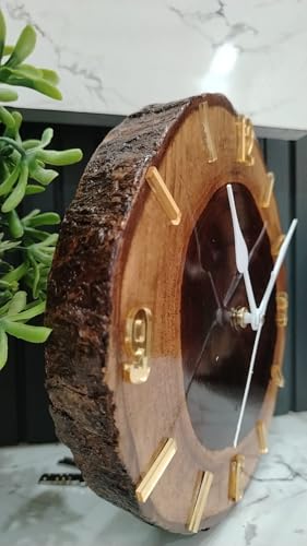 Image of Wall Clock | Handcrafted Sheesham Wooden Wall Clock with Silent Sweep Quartz Movement - Solid Wood Wall Clock for Living Room, Office & Home Decor (Rustic Design) (Golden)