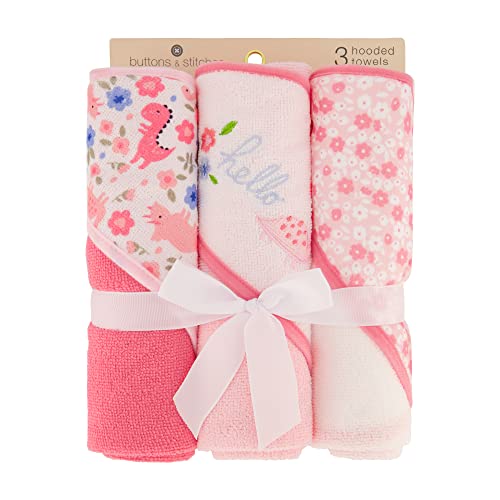 image for Cudlie Buttons & Stitches Baby Girl 3 Pack Rolled/Carded Hooded Towels