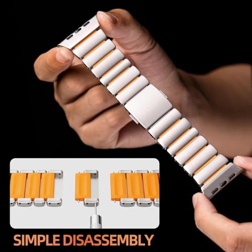 Image of Morofy Titanium Silicone Dual-Layer Link Bands Compatible with Apple Watch Band Ultra 3 /2 /1 49mm 46mm 45mm 44mm Men Women Magnetic Clasp Metal Strap for iwatch Series 11 10 9 8 7 6 5 4 SE (Silver|Orange)
