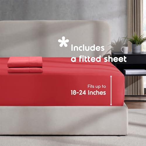Image of Hearth & Harbor Red Duvet Cover with Fitted Sheet King Size | 4 Piece Soft Double Brushed Bedding Set, Button Closure, 1 Duvet Cover 104x90 Inches, 1 Fitted Sheet, 2 Pillow Shams