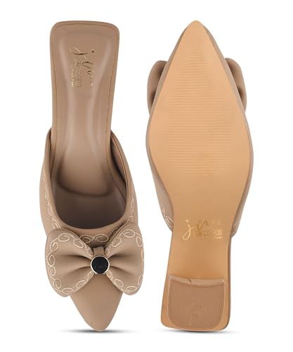 Image of JM LOOKS Elegant Pointed Toe Block Heel Mules Featuring Sophisticated Bow Detail and Ornate Textured Embroidery