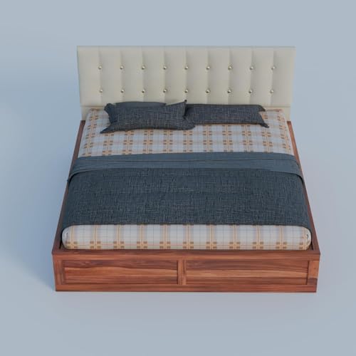 Image of Sheesham Wood King Size Bed with Storage Box | Double Bed for Home | Platform Cot with Cushioned Headboard | Upholstered Beds | Recommended Mattress 78x72 Inch | Cream & Honey Finish
