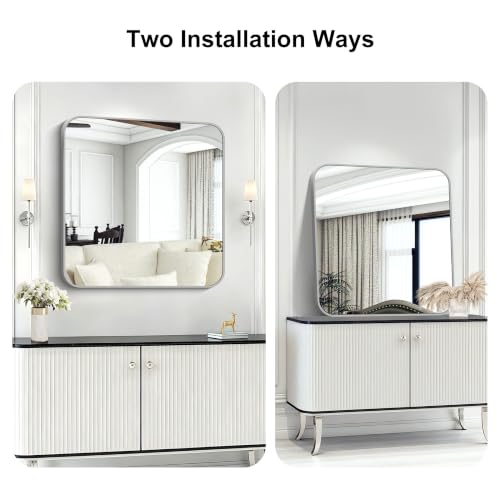Image of KOCUUY Silver Bathroom Mirror, 30x30 Inch Bathroom Mirror for Over Sink, HD Tempered Glass, Anti-Rust Brushed Silver Frame, Rounded Corner Modern Design for Bathroom, Hang Horizontal /Vertical