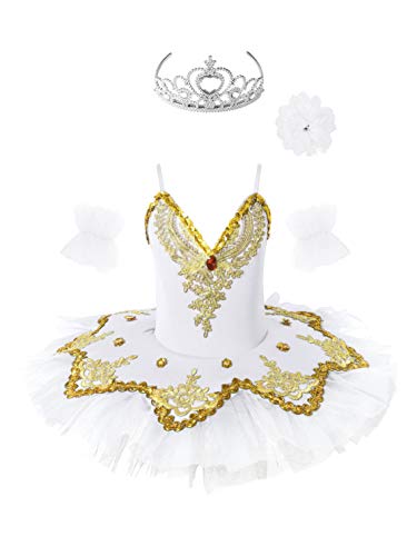 MSemis Enfant Fille Tutu Ballet Robe de Danse Classique Justaucorps Gymnastique Paillette Collant Robe Patinage Body Sport Tenue Performance 5-14 Ans Blanc Or 7-8 Ans Cover