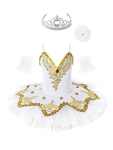 MSemis Enfant Fille Tutu Ballet Robe de Danse Classique Justaucorps Gymnastique Paillette Collant Robe Patinage Body Sport Tenue Performance 5-14 Ans Blanc Or 7-8 Ans