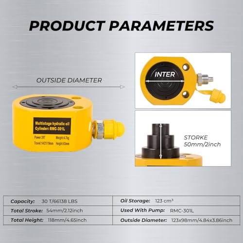 Image of 30T Multi Section Hydraulic Cylinder Jack, 2.12 inch Stroke Hydraulic Ram Jack Lifting Cylinder RMC-301L Mini Portable Power Jack for Shipbuilding, Machinery, Bridge, Construction