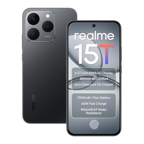 realme 15T 5G Smartphone 256GB ROM 8GB RAM 7000mAh Battery 6.57 inch 120Hz AMOLED Display 60W Fast Charge, IP69 Water Resistance Support Fingerprint GPS Bluetooth Dual Stereo Speakers (Suit Titanium)