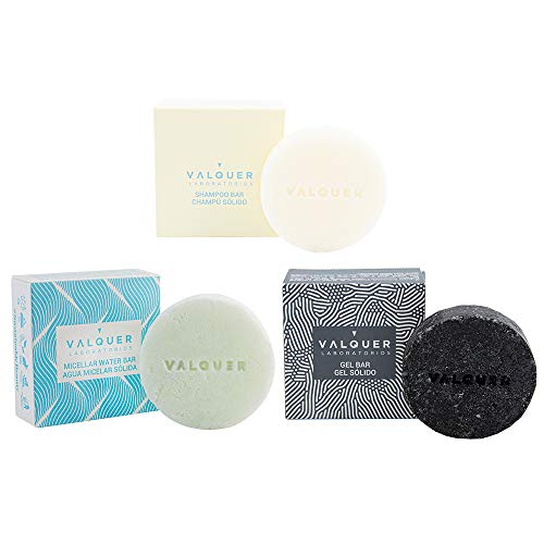 Valquer - Pack Cosméticos Sólidos, Champú Sólido Sin Sulfatos Cabello Graso, Agua Micelar Sólida, Gel Corporal Sólido Carbón Activo - Vegano, 150 g, Cuidado Personal (3 Unidades)