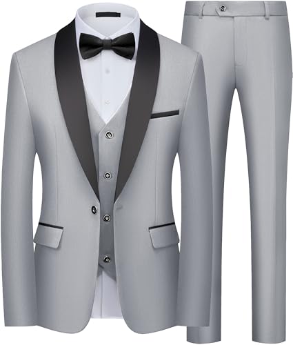 Costume Homme 3 Pièces Slim Fit Smoking 1 Bouton Revers Châle Veste Gilet Pantalon pour Mariage Cérémonie Bal de Promo Soirée Gris Clair XL