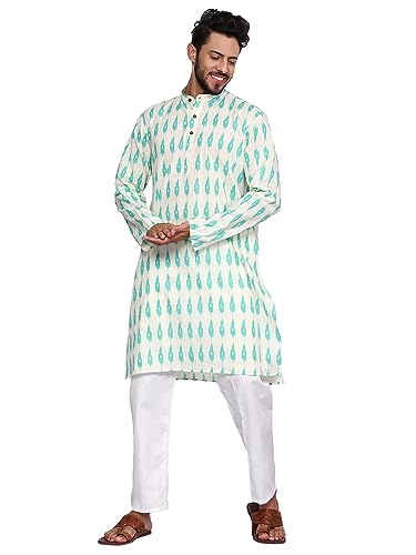 TOSQP27 Mens Pure Cotton Kurta Pajama Set Gift Printed Knee-Length Casual Wear Ethnic Long Sleeve Top for Wedding Festival3