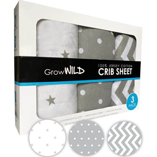 Image of GROW WILD Grey Crib Sheets Neutral 3 Pack | 100% Cotton Baby Crib Sheets for Boys or Girls | Fitted Crib Mattress Sheets | Baby Sheets for Crib Mattress or Toddler Bed Sheet | Crib Fitted Sheet