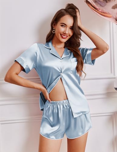 Ekouaer Womens Silk Satin Pajamas Short Sleeve Sleepwear Soft Button Down Loungewear 2 Piece PJS Shorts Set S-5XL2