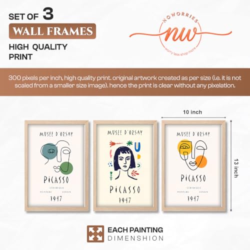 Image of NoWorries Abstract Art Wall Frame | Minimal Line Artwork Wall Paintings 300 GSM Premium Prints | Modern Museum Style Decor for Living Room, Bedroom & Office | Inspired Contemporary Abstract Synthetic Wooden Wall Art Frames (Set of-3) (NATURAL, ART-2, 10X13INCHES)
