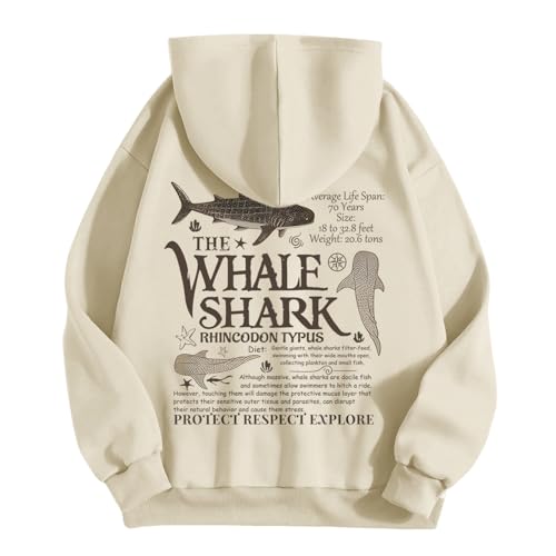 Lubpow Cute Hoodies for Women Ocean Whale Shark Hoodie Aesthetic Animal Graphic Sweatshirts Casual Fleece Pullover Tops(Apricot,S)