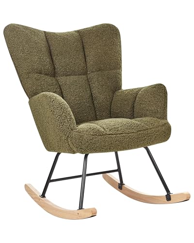 Fauteuil à Bascule Moderne en Tissu Bouclé Vert Foncé et Pieds en Bois Oulu