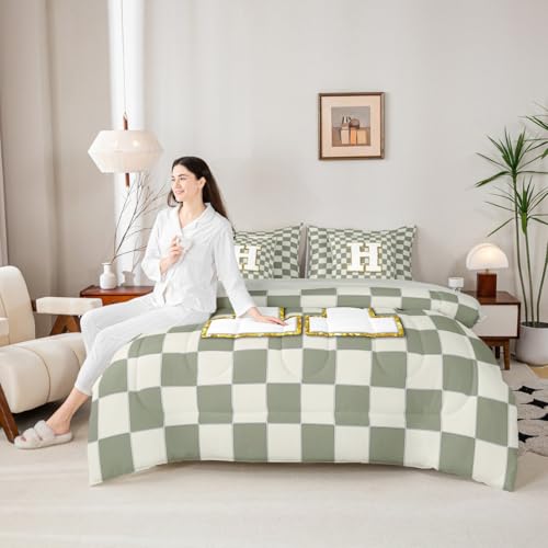 Image of Erosebridal Sage Green Checkered Queen Bed in A Bag 7 Piece Plaid Initial H Comforter Set with Sheets Personalized Monogram Bedding Sets for Kids Adults,Fashion Grids Gingham Bed Set