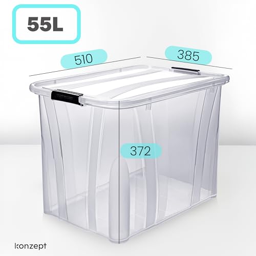 KONZEPT Aufbewahrungsbox 55 L mit Deckel – transparente Kunststoffbox, stapelbar, BPA-frei, verstärkter Boden, robuste Verschlussclips – ideal für Küche & Haushalt