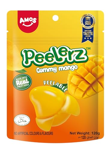 Amos Peelerz Mango Gummy Candy 120g Peelable Fruit Strips Chewy Vegan Snack Halal & Gluten-Free Sweet & Tangy Mango Flavor for Kids & Adults