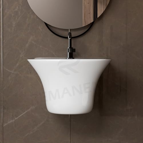 Image of REMANENCE Luxury Wall Mount Half Pedestal Wash Basin for Bathroom | Designer Wall Hung Basin | Wall Mounted Washbasin for Resturent, Hotels (16 x 16 x 11 Inch) (Glossy White)