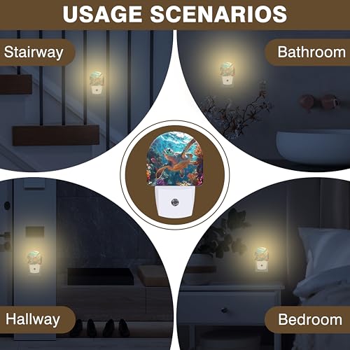 Image of Night Lights Plug into Wall Sea Turtle Swimming in Ocean Night Light Dusk to Dawn Smart Sensor Decorative Round Led Lamp for Bedroom Kitchen Hallway Nightlight for Women Men